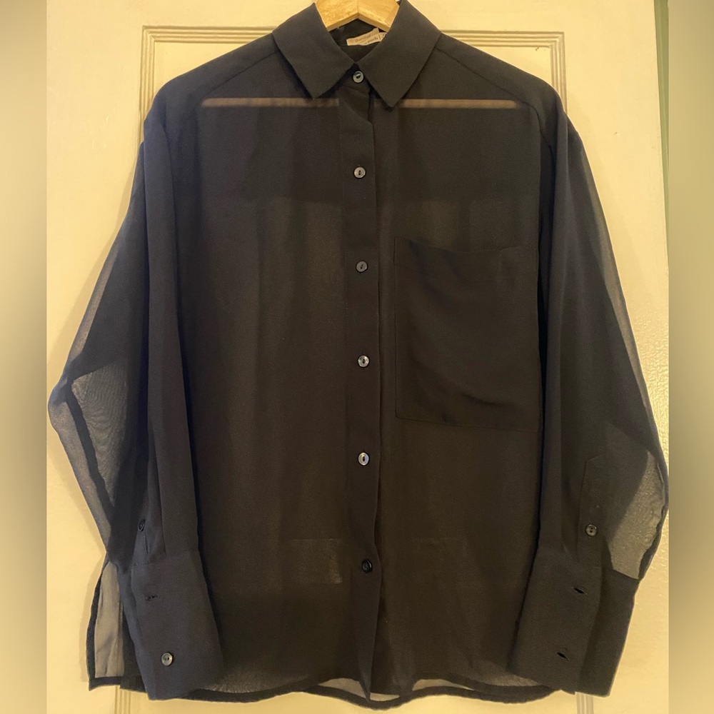 XS Oversized Abercrombie black sheer button-up blouse.